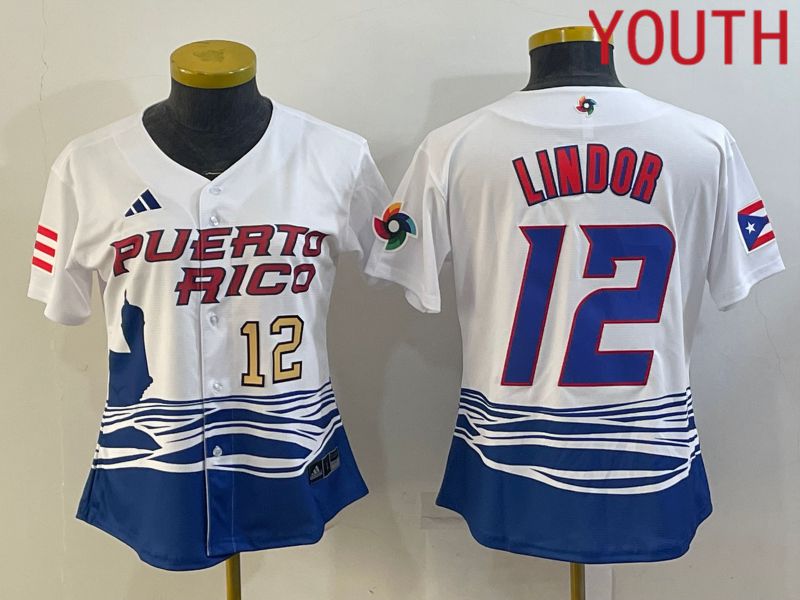 Youth 2023 World Cub Puerto Rico #12 Lindor White MLB Jersey4